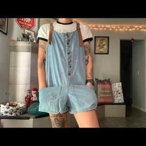 Light wash denim overall shorts
